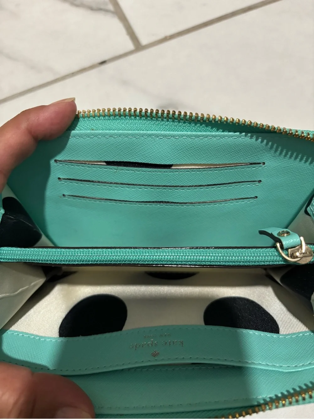 kate spade turquoise zip around wallet with gold hardware